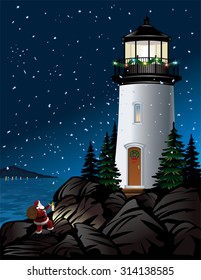 Santa climbing cliffs to lighthouse