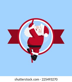 Santa climbing in the round logo. vector illustration