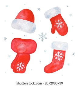 Santa clothes Christmas collection isolated on white background, hand painted red gloves hat socks and scarf in watercolor