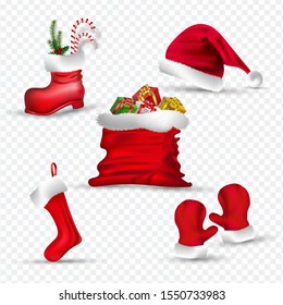 Santa clothes like as gloves, sock, hat, boot and gift sack on png background. 3D Concept.