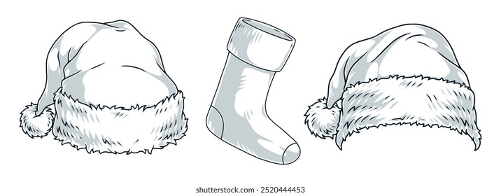 Santa clothes set logotypes monochrome with hats and sock from new years wardrobe for december parties with gifts vector illustration