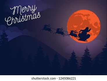 Santa Clous flying on big moon, Merry Christmas