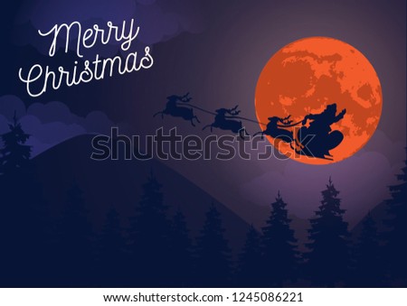 Santa Clous flying on big moon, Merry Christmas