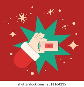 Santa Clouse mão com smartphone no fundo abstrato. Ilustração de vetor de elemento de Natal