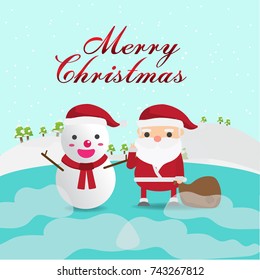 Santa Cluas And Snowman Merry Cristmas Card.