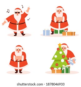 Santa collection for Christmas and New Year. Set of Santa Claus on a white background. Santa with gifts. Dancing Santa. Vector illustration

