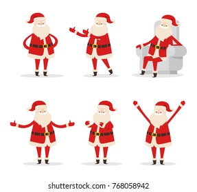 Santa collection of icons, winter character with long beard wearing red costume sitting on grey armchair and showing emotions vector illustration