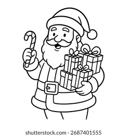 Santa Coloring Page Candy Cane Gifts Christmas Holiday