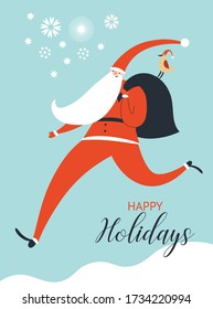 Santa is coming. Christmas holiday card with Santa Claus. Poster, banner, sticher, gift card, greeting card design