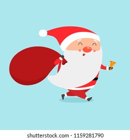 Santa is coming. Cute Santa Claus with huge red bag with presents vector illustration.