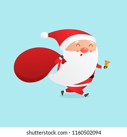 Santa is coming. Cute Santa Claus with huge red bag with presents vector illustration.