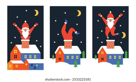 Santa coming down the chimney, set of Christmas Cards