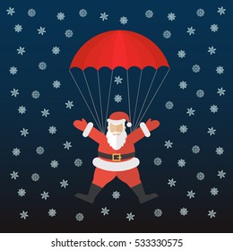 Santa coming down with parachute on a snowy night vector concept