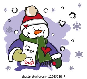 Santa is coming / Snowman holding a letter / Merry Christmas greeting card design 