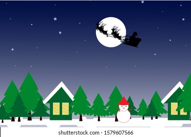 "Santa coming to the town" Christmas background, with snow man and flat snow.