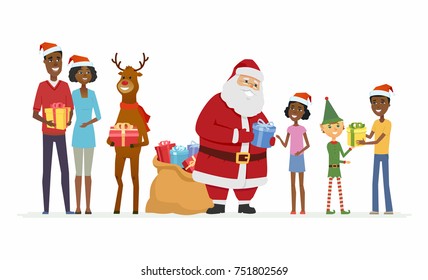 Santa with compaions congratulate African family - cartoon characters isolated illustration on white background. Smiling Father Frost with reindeer and elf give parents and kids presents