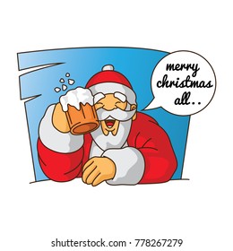 santa congratulate christmas while holding a glass of beer vector illustration