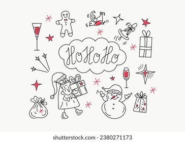  Santa congratulations  Christmas. Gifts, snowman, Santa hat, alcoholic drinks, gingerbread man. Lettering, hand drawn icons. Vector illustration, doodle.