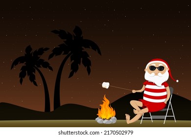 Santa cooking marshmallows on bonfire. Vector illustration.