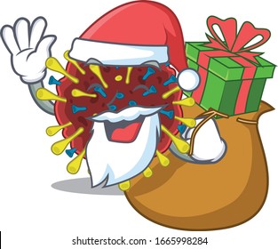 Santa coronavirus molecule Cartoon character design with box of gift