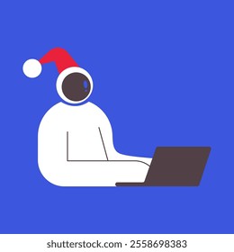 Santa Cosmonaut gamer playing video games on laptop. Flat vector illustration.