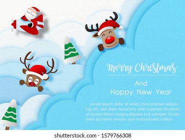 Santa cruse driving a propeller plane with reindeer in blue clouds and Christmas wording, example texts on blue background. Christmas greeting card in paper cut style and vector design.