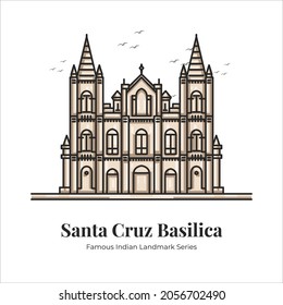 Santa Cruz Basilica Indian Famous Iconic Landmark Cartoon Line Art Illustration