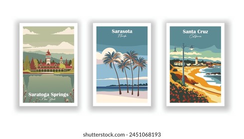 Santa Cruz, California, Sarasota, Florida, Saratoga Springs, Nueva York - afiche de viaje de Antiguas. Ilustración vectorial. Impresiones de alta calidad