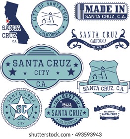 Santa Cruz city, California. Set of generic stamps and signs.