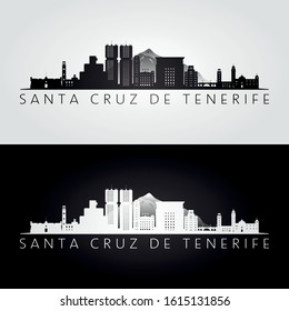 Santa Cruz de Tenerife skyline and landmarks silhouette, black and white design, vector illustration.  