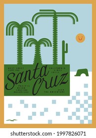 Santa Cruz geometry palms on the cliff and natural stone bridge ocean illustration. Vintage typography summer sports poster vector illustration. 