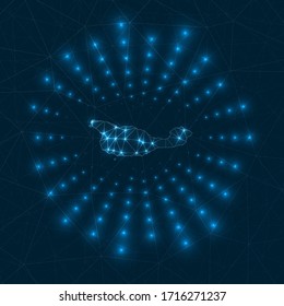 Santa Cruz Island digital map. Glowing rays radiating from the island. Network connections and telecommunication design. Vector illustration.