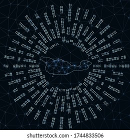 Santa Cruz Island digital map. Binary rays radiating around glowing island. Internet connections and data exchange design. Vector illustration.