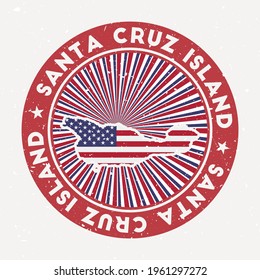 Santa Cruz Island round stamp. Logo of island with flag. Vintage badge with circular text and stars, vector illustration.