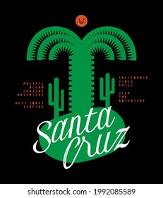 Santa cruz surfing print with geometry palm illustration and vintage typography t-shirt print.