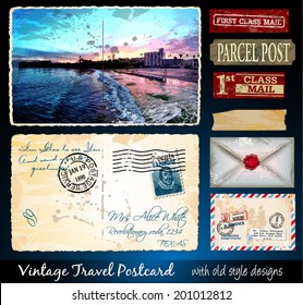 Santa Cruz Travel Vintage Postcard Design with antique look and distressed style. Includes a lot of paper elements and postage stamps.