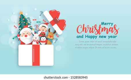 Santa and cute animals standing in a gift box for Christmas background , banner , poster in paper cut and craft style .