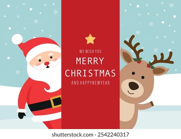 Santa and cute reindeer cartoon with greeting behind the red flag sign Landscape of Winter Fund. Christmas card. Vector