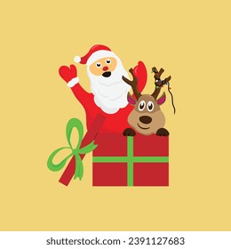 Santa and cute reindeer in a gift box, merry christmas, editable