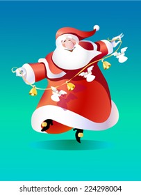 santa dancing and holding a garland of angels and bells vectorial illustration christmas postcard calendar