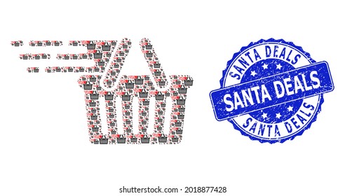 Santa Deals unclean round seal and vector fractal mosaic shopping basket. Blue stamp seal contains Santa Deals caption inside round shape. Vector mosaic is done from scattered shopping basket icons.
