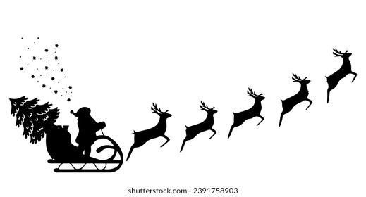 Santa Dears on a sleigh with a Christmas tree on reindeer. Christmas artwork black and white
