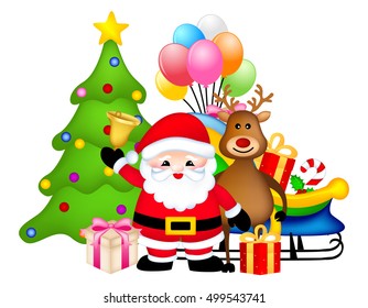 Santa with decorated christmas tree and sledge filled with gifts , balloons