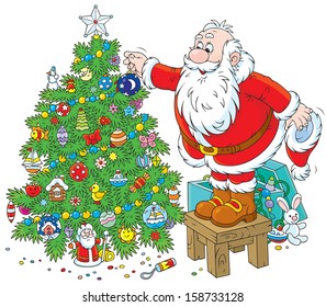 Santa decorates a Christmas tree