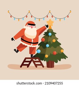 santa decorating christmas tree character