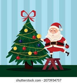 santa is decorating tree cartoon
