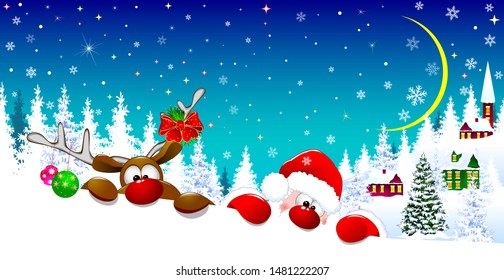 Santa and a deer in the background of a snow-covered village. Santa and a deer with red noses on a winter night against the backdrop of the village, the trees and snow.