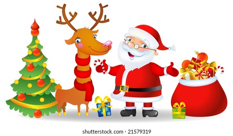 Santa and Deer with a bag of Christmas Gifts