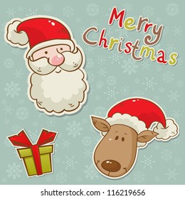 Santa and deer cartoon Christmas greeting card with isolated elements