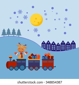 Santa Deer in a Christmas train with gifts.EPS10.Christmas train,deer vector,deer cartoon,deer isolated,deer isolated vector,card vector,deer traveling,train vector,gift vector,card new year vector